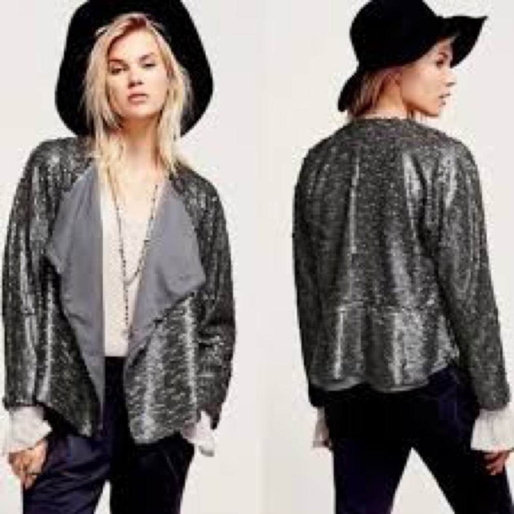 Free People Sequin Blazer Silver Grey Size M